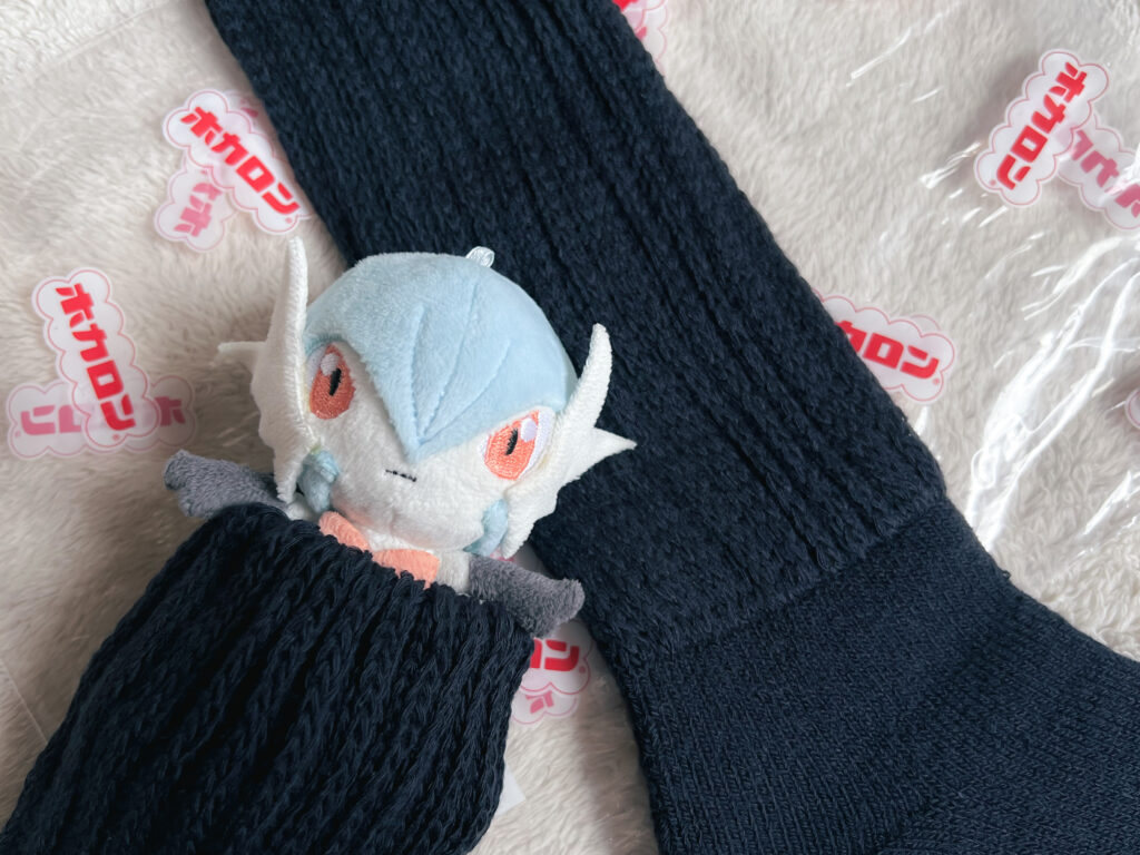 靴下にはぃって暖かそうなメガサーナイトぬいぐるみ